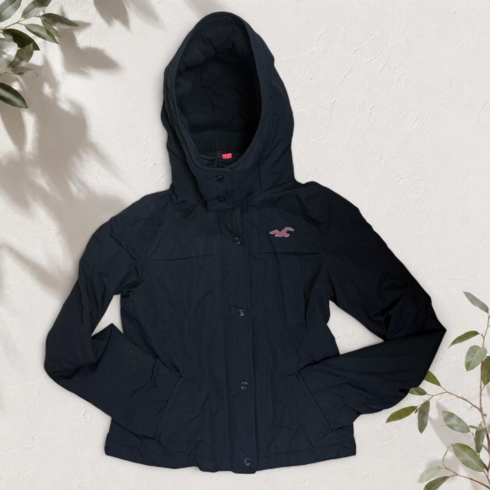 Hollister Co Black Hooded Jacket Pink Logo Y2K Skater Lined Coat Womens Size M
